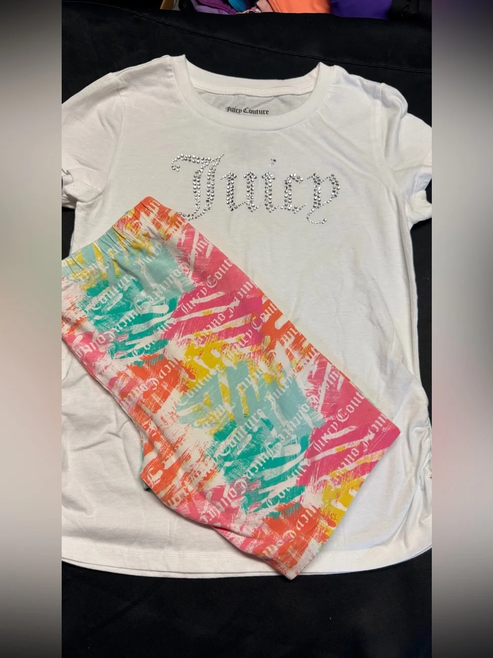 Juicy Couture White Tee with Multicolor Logo Print shorts